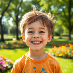 A joyful young boy smiling broadly, radiating happiness and innocence