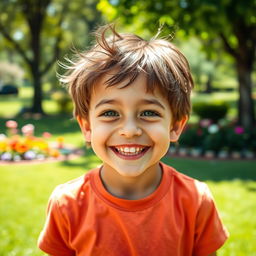 A joyful young boy smiling broadly, radiating happiness and innocence