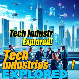 A vibrant YouTube thumbnail for a video about technological industries, featuring a futuristic city skyline with towering skyscrapers showcasing advanced technology, such as flying cars and floating holograms