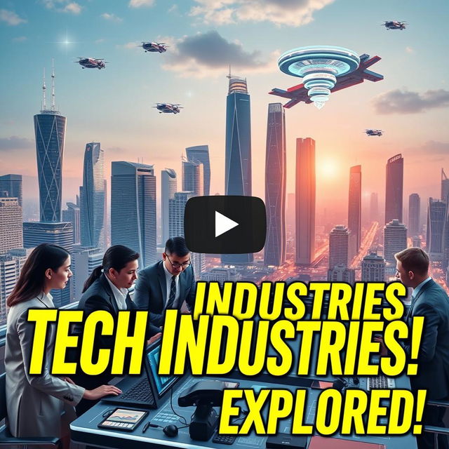 A vibrant YouTube thumbnail for a video about technological industries, featuring a futuristic city skyline with towering skyscrapers showcasing advanced technology, such as flying cars and floating holograms