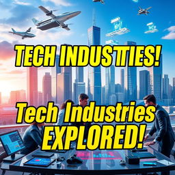 A vibrant YouTube thumbnail for a video about technological industries, featuring a futuristic city skyline with towering skyscrapers showcasing advanced technology, such as flying cars and floating holograms