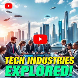 A vibrant YouTube thumbnail for a video about technological industries, featuring a futuristic city skyline with towering skyscrapers showcasing advanced technology, such as flying cars and floating holograms