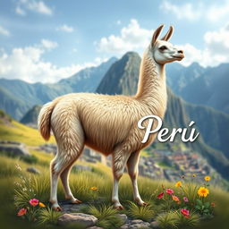 A realistic and detailed depiction of a llama, standing gracefully in its natural environment of the Peruvian Andes