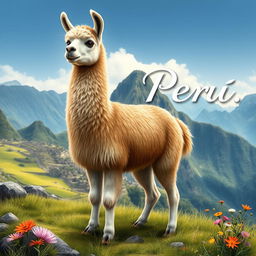 A realistic and detailed depiction of a llama, standing gracefully in its natural environment of the Peruvian Andes