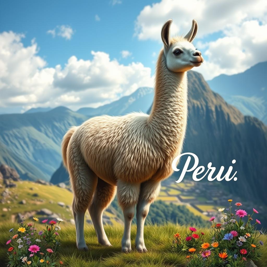 A realistic and detailed depiction of a llama, standing gracefully in its natural environment of the Peruvian Andes