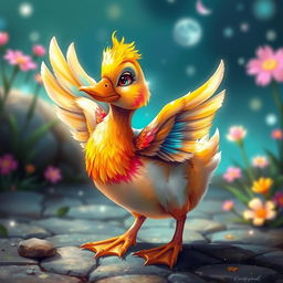 A whimsical depiction of a conjured familiar in the form of an enchanting duck