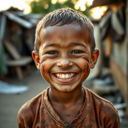 A young boy smiling despite his challenging circumstances, showcasing resilience and hope