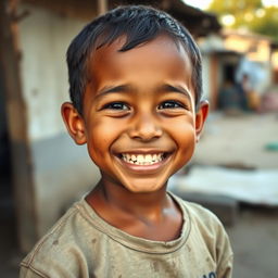 A young boy smiling despite his challenging circumstances, showcasing resilience and hope