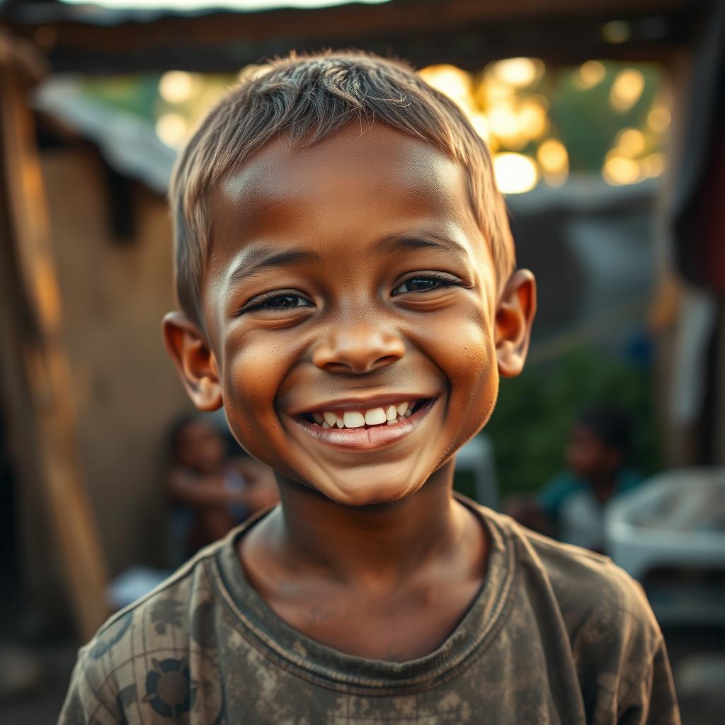 A young boy smiling despite his challenging circumstances, showcasing resilience and hope