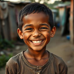 A young boy smiling despite his challenging circumstances, showcasing resilience and hope