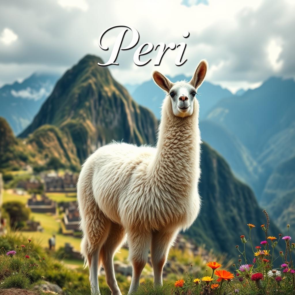 A highly realistic depiction of a llama standing proudly in the picturesque landscape of Peru, showcasing its thick, soft fur and curious expression