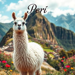 A highly realistic depiction of a llama standing proudly in the picturesque landscape of Peru, showcasing its thick, soft fur and curious expression