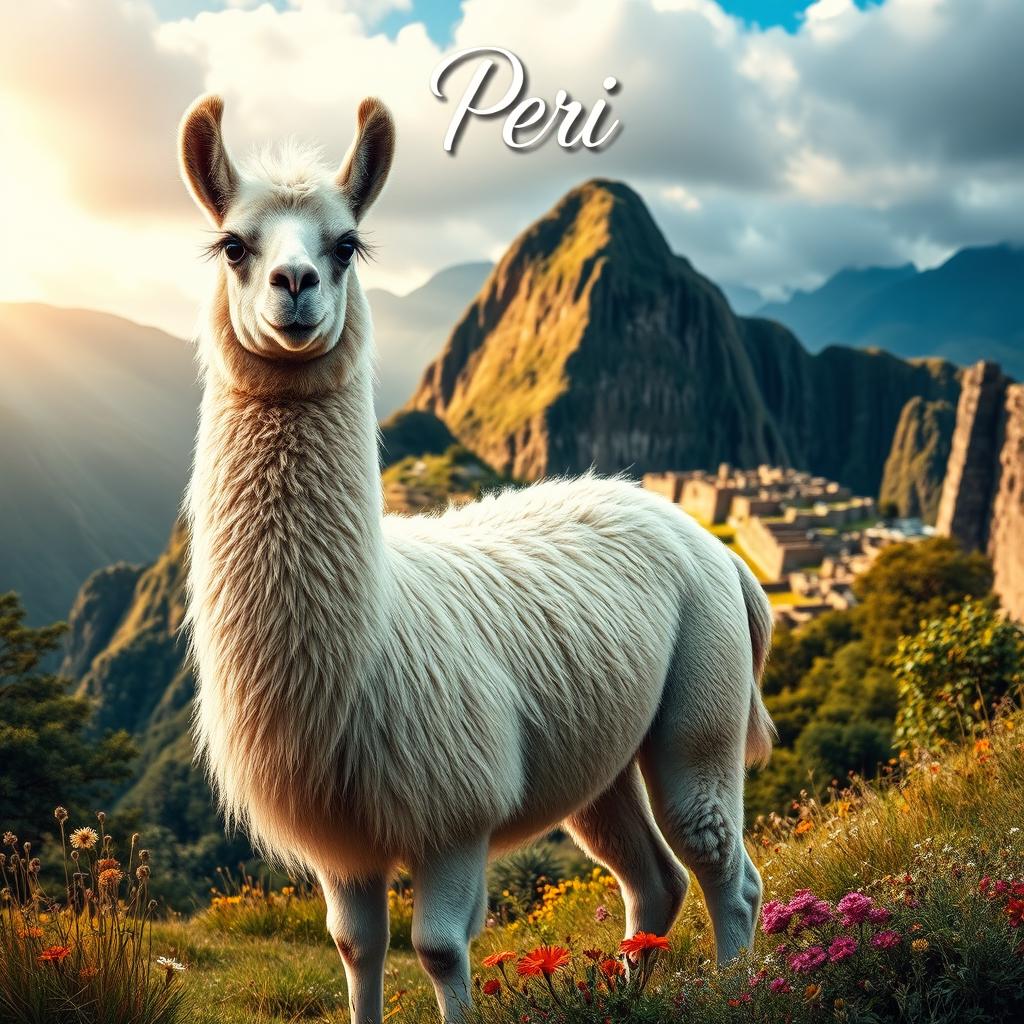 A highly realistic depiction of a llama standing proudly in the picturesque landscape of Peru, showcasing its thick, soft fur and curious expression