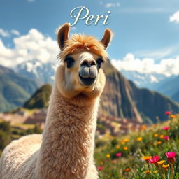 A highly realistic depiction of a llama standing proudly in the picturesque landscape of Peru, showcasing its thick, soft fur and curious expression