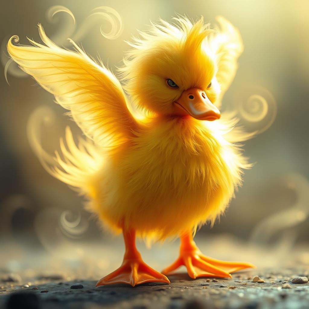 An ethereal representation of a golden spirit in the form of a yellow duck, with vibrant orange legs and beak