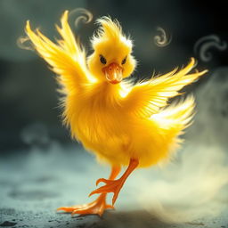 An ethereal representation of a golden spirit in the form of a yellow duck, with vibrant orange legs and beak