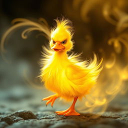 An ethereal representation of a golden spirit in the form of a yellow duck, with vibrant orange legs and beak