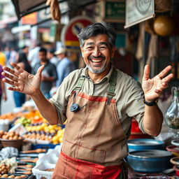 A persistent street vendor passionately promoting his products