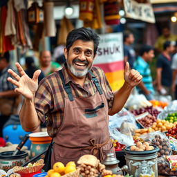 A persistent street vendor passionately promoting his products