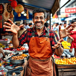 A persistent street vendor passionately promoting his products