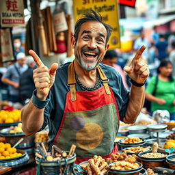 A persistent street vendor passionately promoting his products