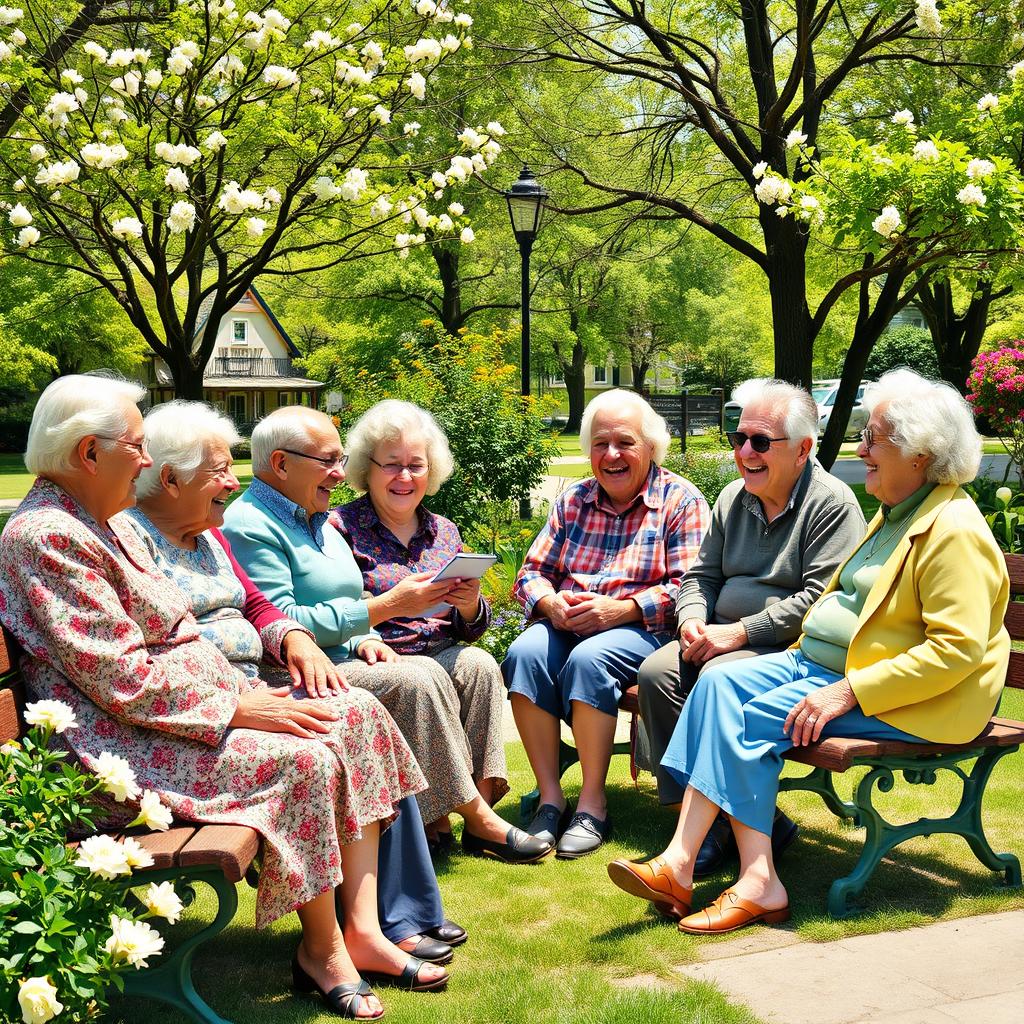 A humorous scene depicting a light-hearted gathering among elderly friends sharing jokes and laughter in a sunny park