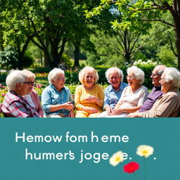 A humorous scene depicting a light-hearted gathering among elderly friends sharing jokes and laughter in a sunny park