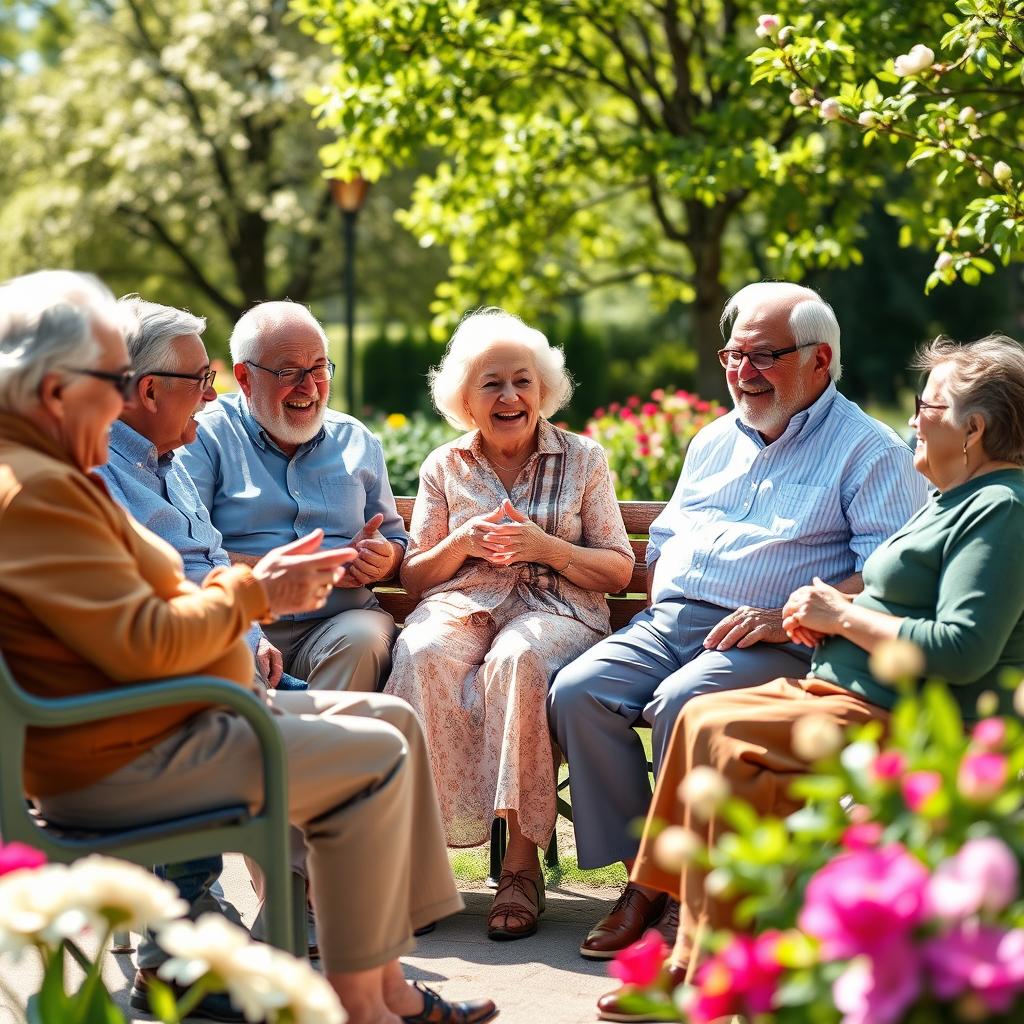 A humorous scene depicting a light-hearted gathering among elderly friends sharing jokes and laughter in a sunny park