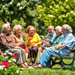 A humorous scene depicting a light-hearted gathering among elderly friends sharing jokes and laughter in a sunny park