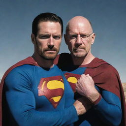 A dynamic, brilliantly-colored image of Superman and Heisenberg from Breaking Bad, their arms draped over each others' shoulders, demonstrating a bond of unlikely friendship