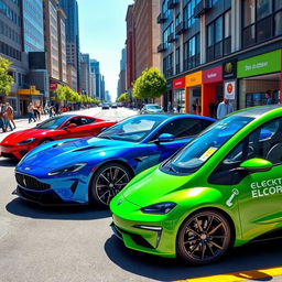 A vibrant collection of modern cars in an urban environment, featuring a sleek sports car in bright red, a stylish luxury sedan in deep blue, and an eco-friendly electric vehicle in a fresh green