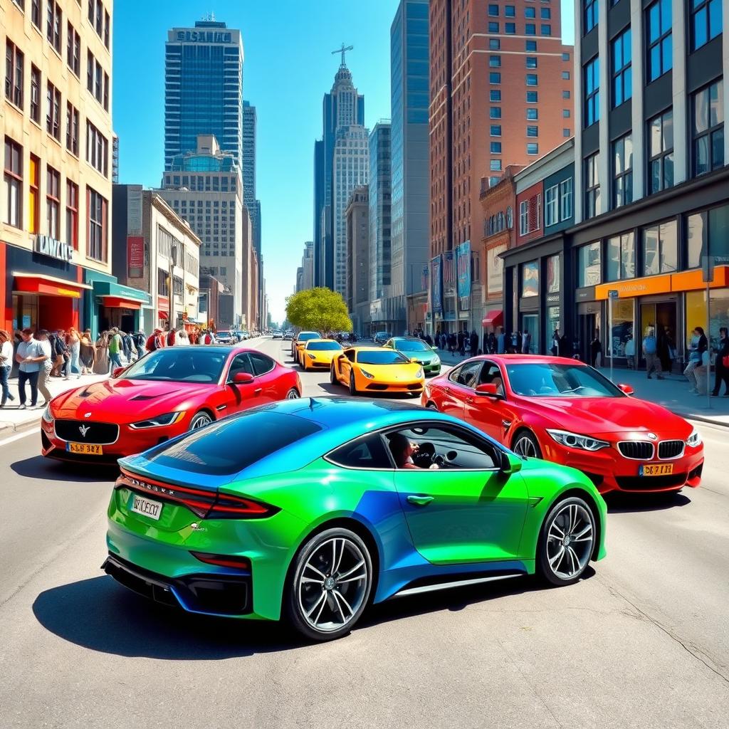 A vibrant collection of modern cars in an urban environment, featuring a sleek sports car in bright red, a stylish luxury sedan in deep blue, and an eco-friendly electric vehicle in a fresh green