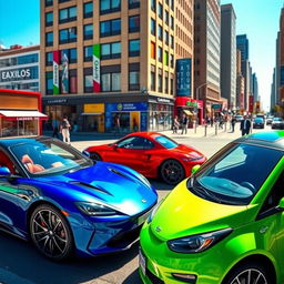 A vibrant collection of modern cars in an urban environment, featuring a sleek sports car in bright red, a stylish luxury sedan in deep blue, and an eco-friendly electric vehicle in a fresh green