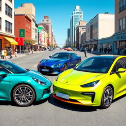 A vibrant collection of modern cars in an urban environment, featuring a sleek sports car in bright red, a stylish luxury sedan in deep blue, and an eco-friendly electric vehicle in a fresh green