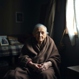 A touching scene of an elderly woman sitting alone in her modest, dimly lit room, portraying her struggles with poverty and illness