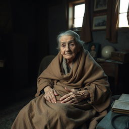 A touching scene of an elderly woman sitting alone in her modest, dimly lit room, portraying her struggles with poverty and illness