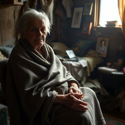 A touching scene of an elderly woman sitting alone in her modest, dimly lit room, portraying her struggles with poverty and illness