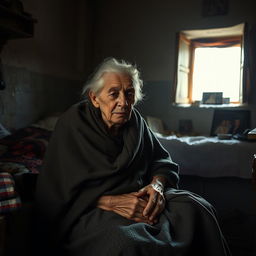 A touching scene of an elderly woman sitting alone in her modest, dimly lit room, portraying her struggles with poverty and illness