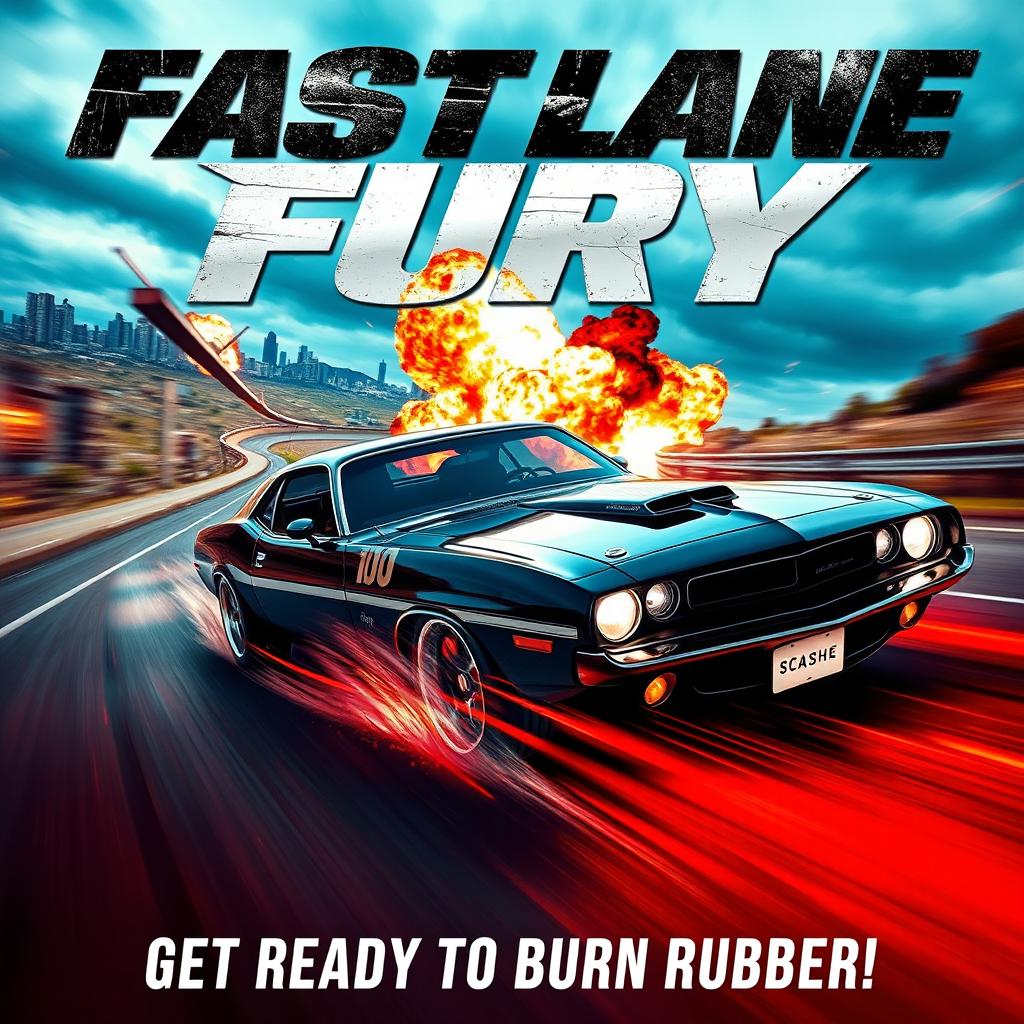 An action-packed movie poster for a car-themed film, featuring a high-speed chase scene with a glossy black muscle car zooming down a winding road