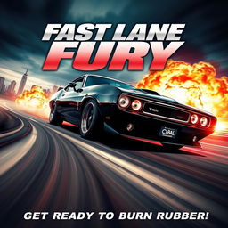 An action-packed movie poster for a car-themed film, featuring a high-speed chase scene with a glossy black muscle car zooming down a winding road