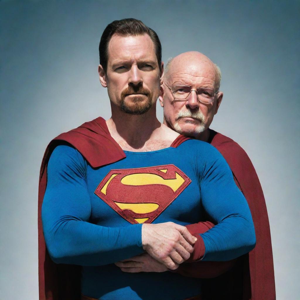 A dynamic, brilliantly-colored image of Superman and Heisenberg from Breaking Bad, their arms draped over each others' shoulders, demonstrating a bond of unlikely friendship