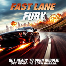 An action-packed movie poster for a car-themed film, featuring a high-speed chase scene with a glossy black muscle car zooming down a winding road