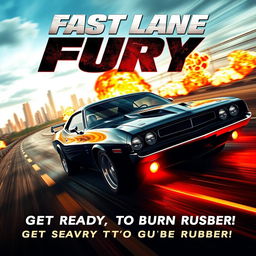 An action-packed movie poster for a car-themed film, featuring a high-speed chase scene with a glossy black muscle car zooming down a winding road