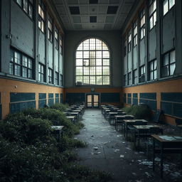 A large, rundown school building with peeling paint and overgrown weeds in the surrounding yard