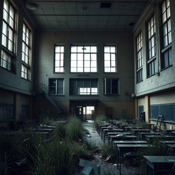 A large, rundown school building with peeling paint and overgrown weeds in the surrounding yard