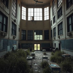 A large, rundown school building with peeling paint and overgrown weeds in the surrounding yard