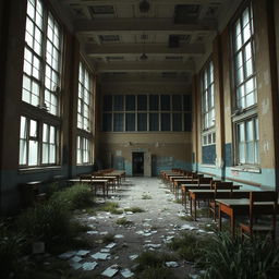 A large, rundown school building with peeling paint and overgrown weeds in the surrounding yard