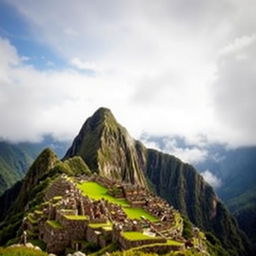 A breathtaking and realistic view of Machu Picchu, the iconic ancient Incan citadel, perched high in the Andes Mountains of Peru