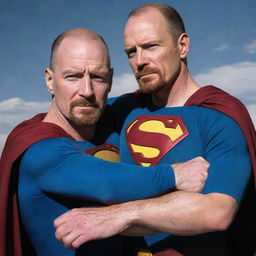 A dynamic, brilliantly-colored image of Superman and Heisenberg from Breaking Bad, their arms draped over each others' shoulders, demonstrating a bond of unlikely friendship