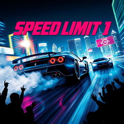 A thrilling movie poster for a film titled 'Speed Limit 1' featuring high-speed cars racing on a neon-lit urban street